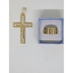Mens Moissanite Gold Cross Set. 2.32ctw Pendant W/ 23in Cuban Chain, 0.24ct Ring